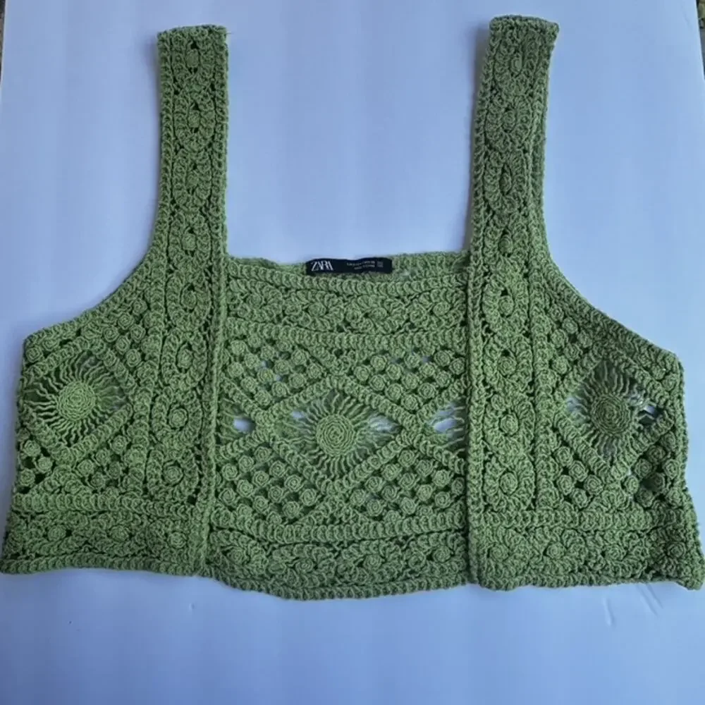 Zara Lime Green Crochet Knit Crop Top Boho Women's Small